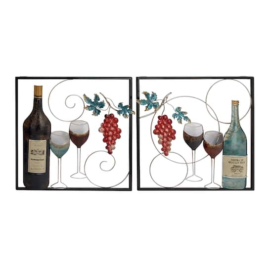 Set of 2 Multi Colored Metal Traditional Wine Wall Decor, 20" x 20"